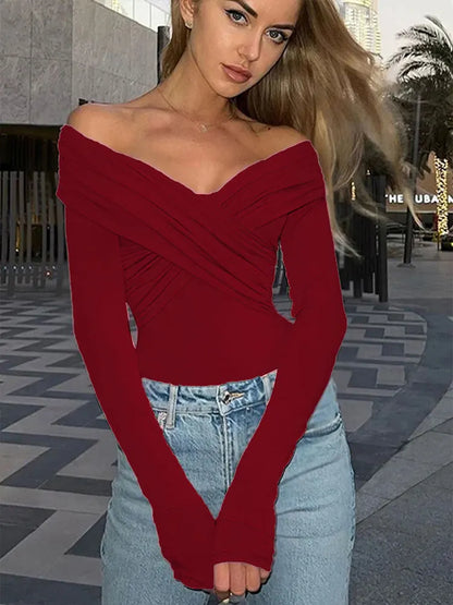 Spring Red New Women's Bodysuits  Sexy Backless Solid Corset Slim Fashion Crossed Bodysuits Long Sleeves Casual Female Rompers