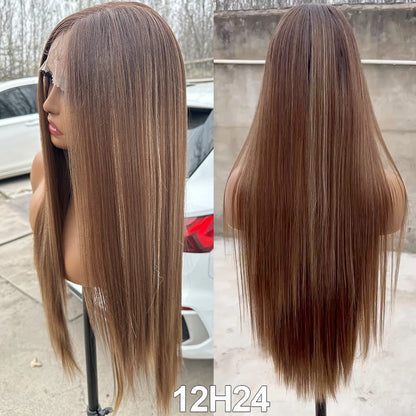 30Inch 13X4 Straight Lace Frontal Wigs Light Brown P12/24 Ombre Colored Pre-pluck Soft Natural High Temperature Cosplay Wigs