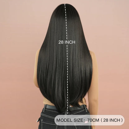 7JHH WIGS Long Straight Black Wig for Women Daily Use High Density Synthetic Layered Black Hair Wigs with Bangs Natural Looking