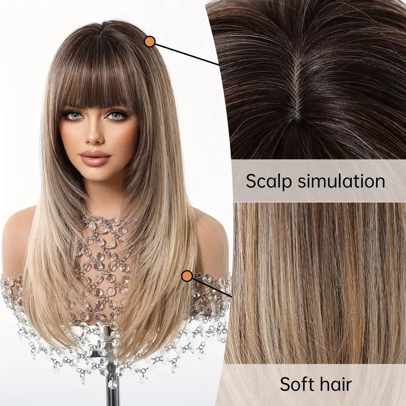Natural Layered Hair Wigs For Women Daily Party Use Brown Ombre Synthetic Wigs Long Straight Fake Hair With Bangs Heat Resistant