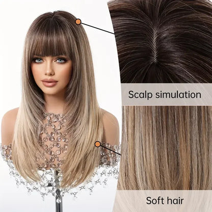Natural Layered Hair Wigs For Women Daily Party Use Brown Ombre Synthetic Wigs Long Straight Fake Hair With Bangs Heat Resistant