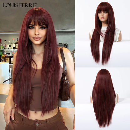 Natural Layered Hair Wigs For Women Daily Party Use Brown Ombre Synthetic Wigs Long Straight Fake Hair With Bangs Heat Resistant