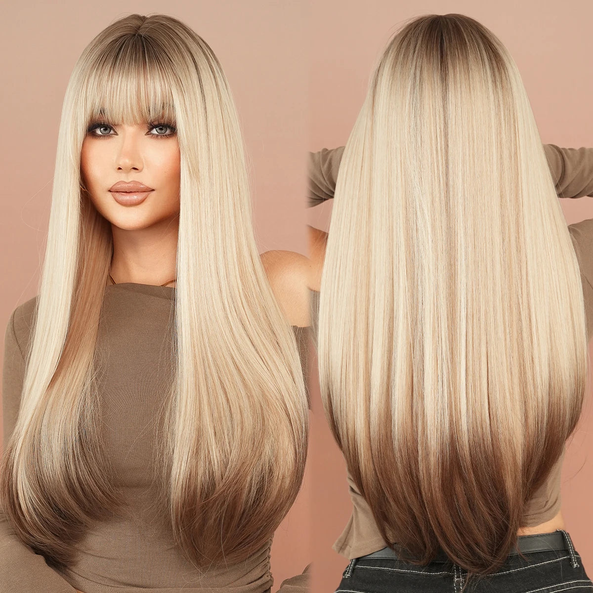 7JHH WIGS Long Straight Black Wig for Women Daily Use High Density Synthetic Layered Black Hair Wigs with Bangs Natural Looking