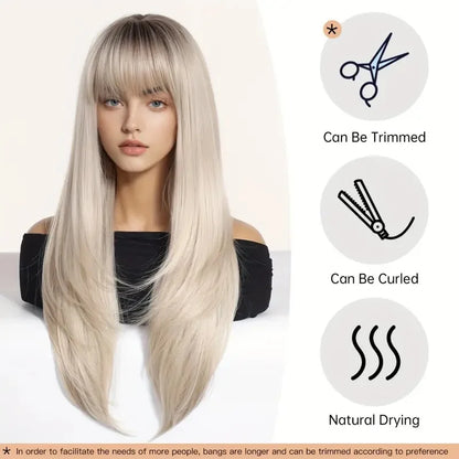Platinum Blonde Ombre Long Synthetic Wigs with Bangs Straight Layered Cosplay Party Wigs for Women Natural Hair Heat Resistant