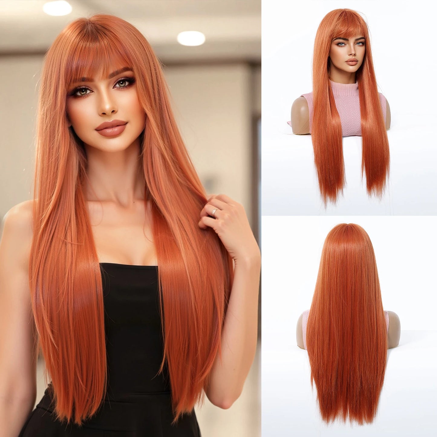 Platinum Blonde Ombre Long Synthetic Wigs with Bangs Straight Layered Cosplay Party Wigs for Women Natural Hair Heat Resistant