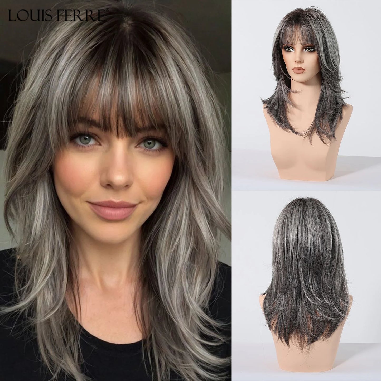 Natural Layered Hair Wigs For Women Daily Party Use Brown Ombre Synthetic Wigs Long Straight Fake Hair With Bangs Heat Resistant