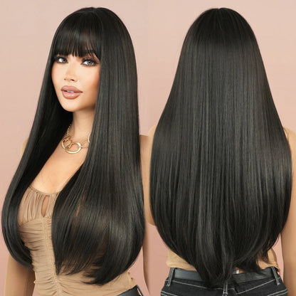 7JHH WIGS Long Straight Black Wig for Women Daily Use High Density Synthetic Layered Black Hair Wigs with Bangs Natural Looking