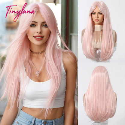 Platinum Blonde Ombre Long Synthetic Wigs with Bangs Straight Layered Cosplay Party Wigs for Women Natural Hair Heat Resistant