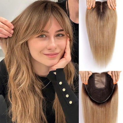 Brown Highlights Human Hair Toppers 9x9inch Large Base Hair Pieces 16 inch Toppers for Women with Multiple Non-slip Clips