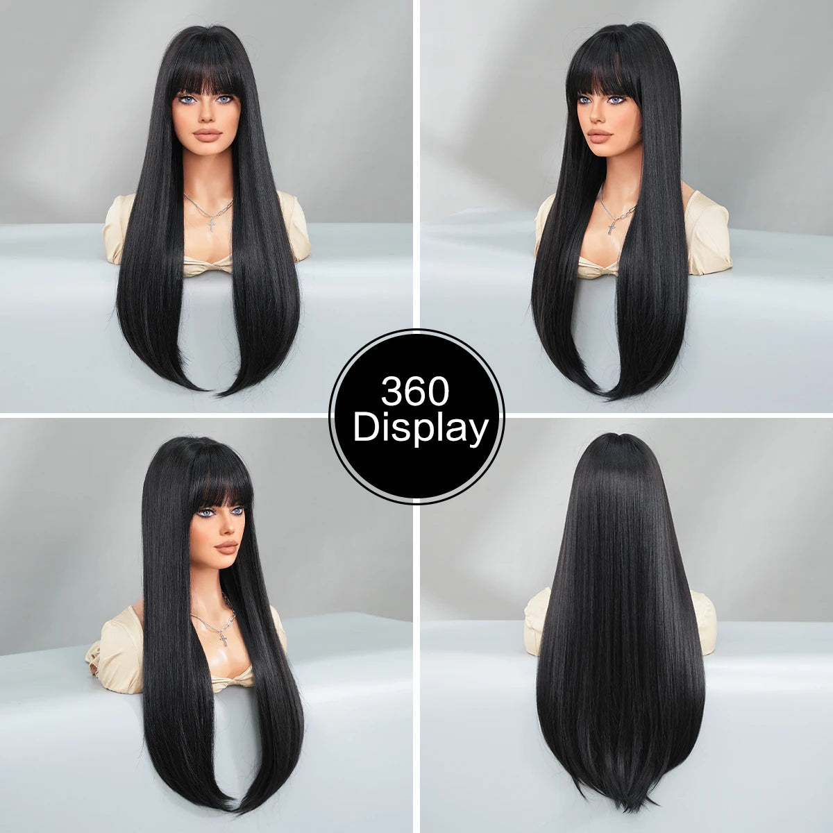 7JHH WIGS Long Straight Black Wig for Women Daily Use High Density Synthetic Layered Black Hair Wigs with Bangs Natural Looking