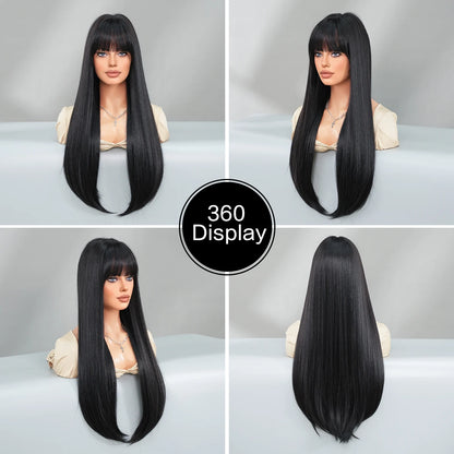 7JHH WIGS Long Straight Black Wig for Women Daily Use High Density Synthetic Layered Black Hair Wigs with Bangs Natural Looking