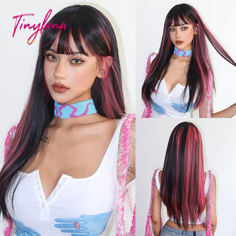 Platinum Blonde Ombre Long Synthetic Wigs with Bangs Straight Layered Cosplay Party Wigs for Women Natural Hair Heat Resistant