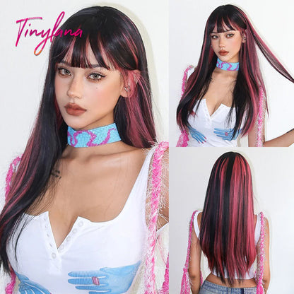 Platinum Blonde Ombre Long Synthetic Wigs with Bangs Straight Layered Cosplay Party Wigs for Women Natural Hair Heat Resistant