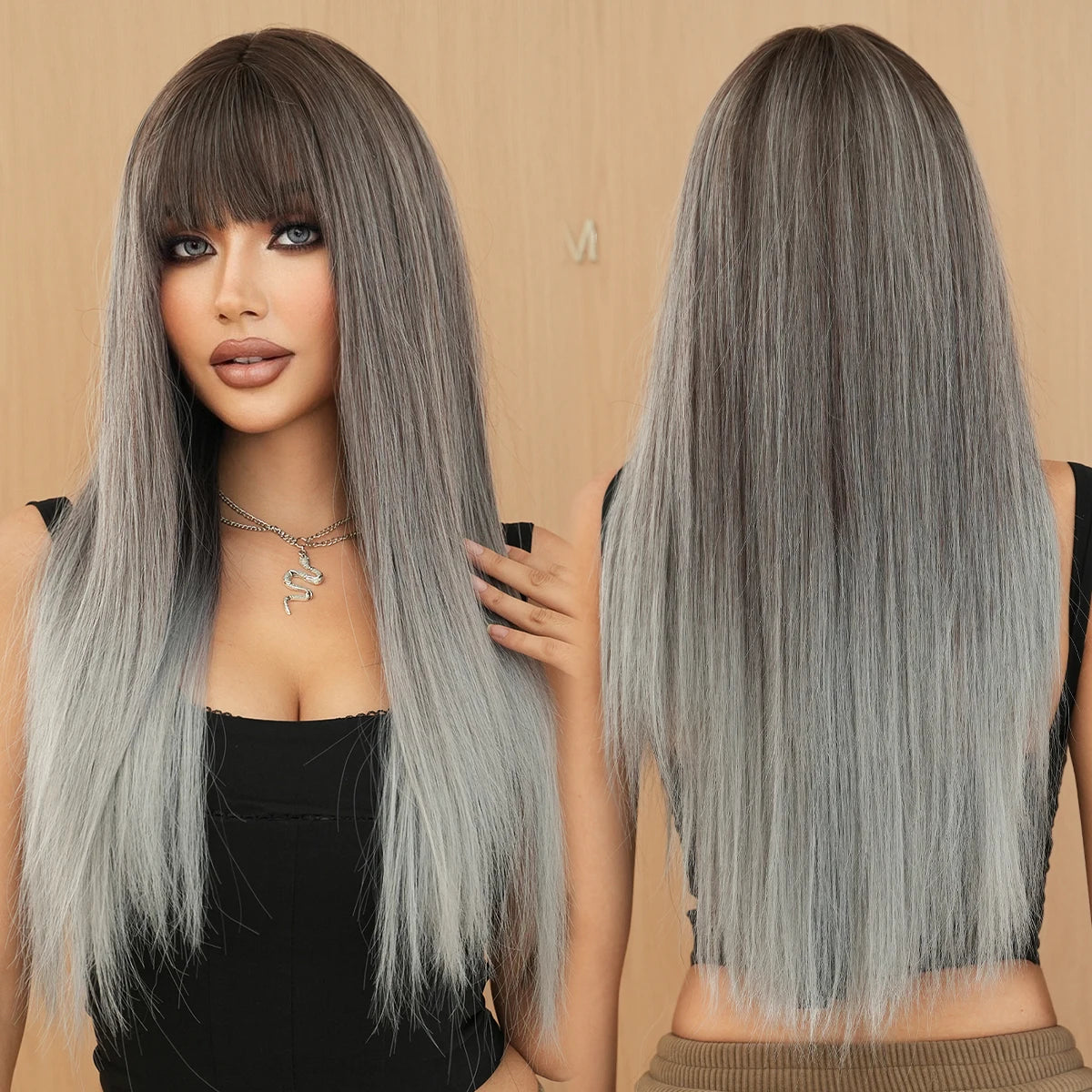 7JHH WIGS Long Straight Black Wig for Women Daily Use High Density Synthetic Layered Black Hair Wigs with Bangs Natural Looking