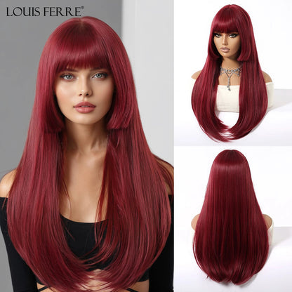 Natural Layered Hair Wigs For Women Daily Party Use Brown Ombre Synthetic Wigs Long Straight Fake Hair With Bangs Heat Resistant