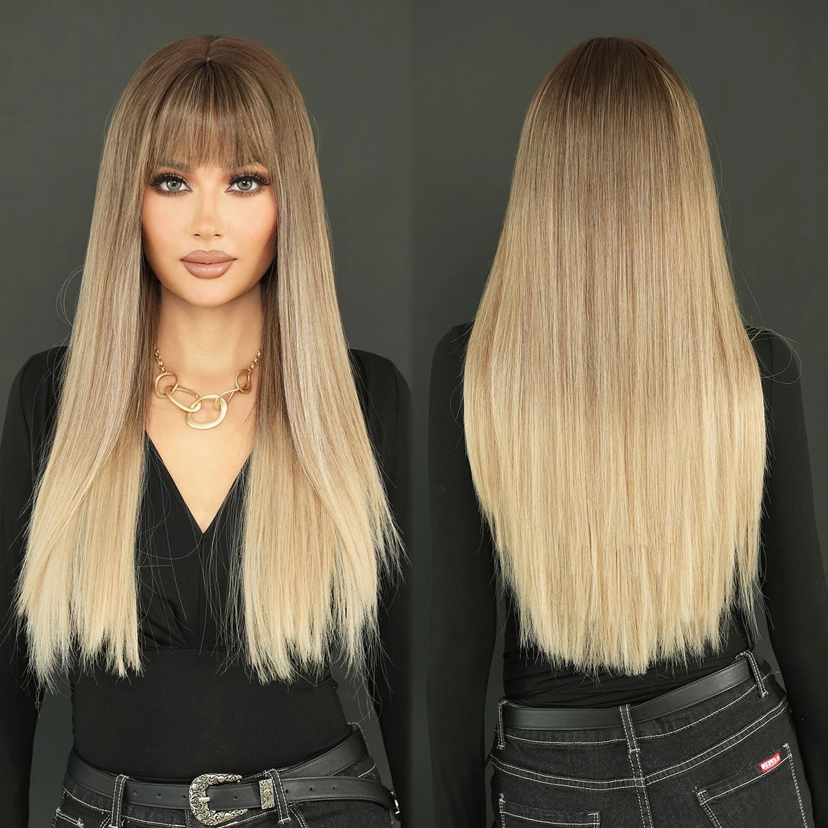 7JHH WIGS Long Straight Black Wig for Women Daily Use High Density Synthetic Layered Black Hair Wigs with Bangs Natural Looking