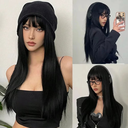Long Black Straight Wigs with Bangs Black Synthetic Wigs for Women Straight Hair Heat Resistant Wigs Daily Cosplay Fiber Hair