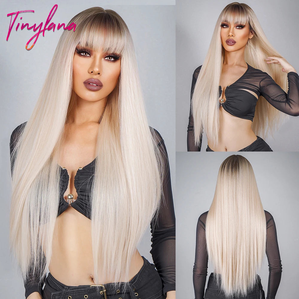 Platinum Blonde Ombre Long Synthetic Wigs with Bangs Straight Layered Cosplay Party Wigs for Women Natural Hair Heat Resistant