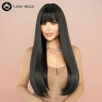 7JHH WIGS Long Straight Black Wig for Women Daily Use High Density Synthetic Layered Black Hair Wigs with Bangs Natural Looking