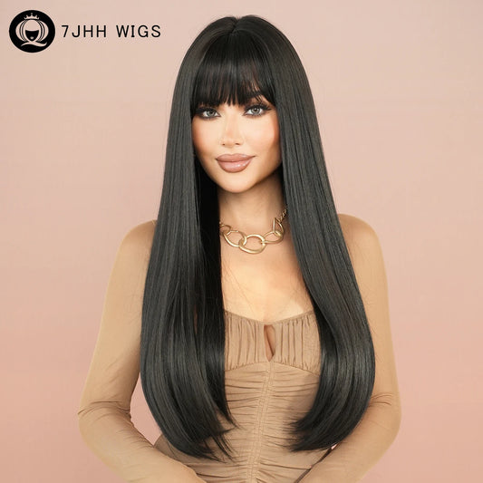 7JHH WIGS Long Straight Black Wig for Women Daily Use High Density Synthetic Layered Black Hair Wigs with Bangs Natural Looking