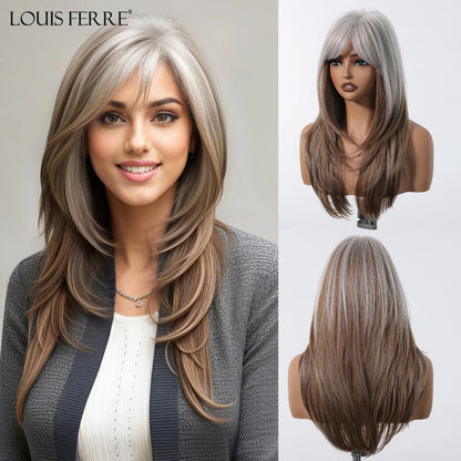 Natural Layered Hair Wigs For Women Daily Party Use Brown Ombre Synthetic Wigs Long Straight Fake Hair With Bangs Heat Resistant