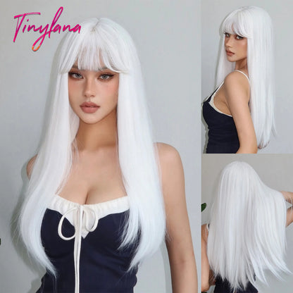 Platinum Blonde Ombre Long Synthetic Wigs with Bangs Straight Layered Cosplay Party Wigs for Women Natural Hair Heat Resistant