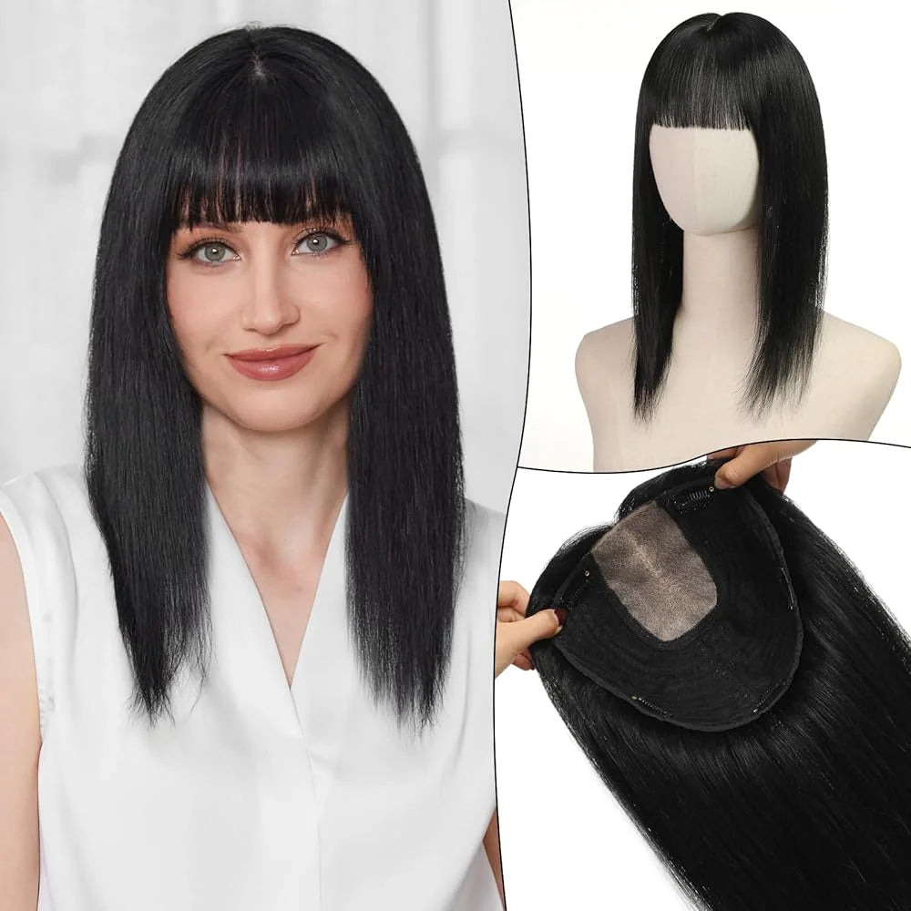 Brown Highlights Human Hair Toppers 9x9inch Large Base Hair Pieces 16 inch Toppers for Women with Multiple Non-slip Clips