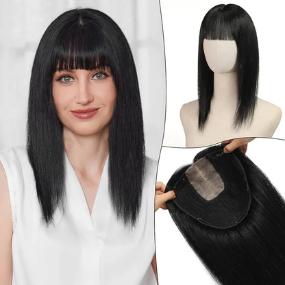Brown Highlights Human Hair Toppers 9x9inch Large Base Hair Pieces 16 inch Toppers for Women with Multiple Non-slip Clips