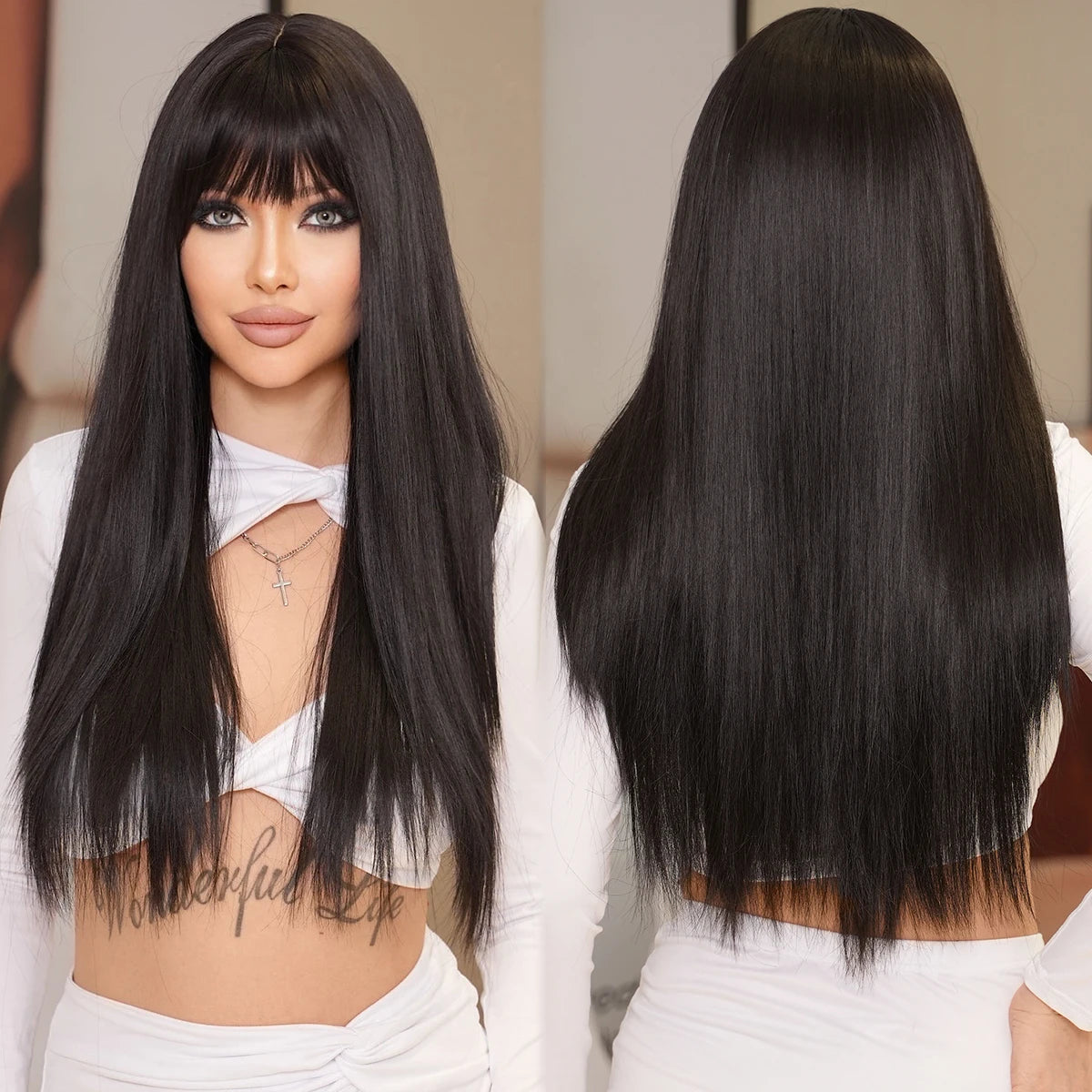 7JHH WIGS Long Straight Black Wig for Women Daily Use High Density Synthetic Layered Black Hair Wigs with Bangs Natural Looking