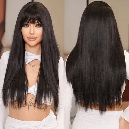 7JHH WIGS Long Straight Black Wig for Women Daily Use High Density Synthetic Layered Black Hair Wigs with Bangs Natural Looking