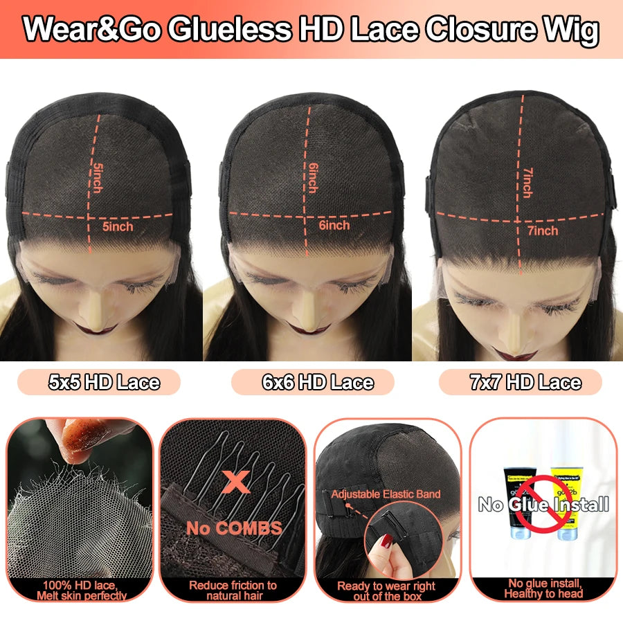 BEEOS 250% Glueless Wear&Go 6x6 7x7 HD Lace Front Human Hair Wigs Body Wave Pre-Plucked 5x5 HD Lace Closure Wig For Women Remy