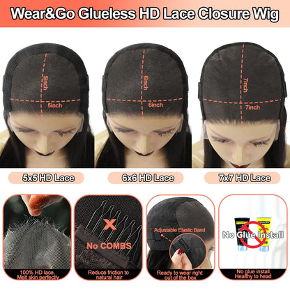BEEOS 250% Glueless Wear&Go 6x6 7x7 HD Lace Front Human Hair Wigs Body Wave Pre-Plucked 5x5 HD Lace Closure Wig For Women Remy