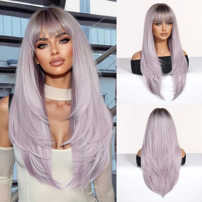 Platinum Blonde Ombre Long Synthetic Wigs with Bangs Straight Layered Cosplay Party Wigs for Women Natural Hair Heat Resistant
