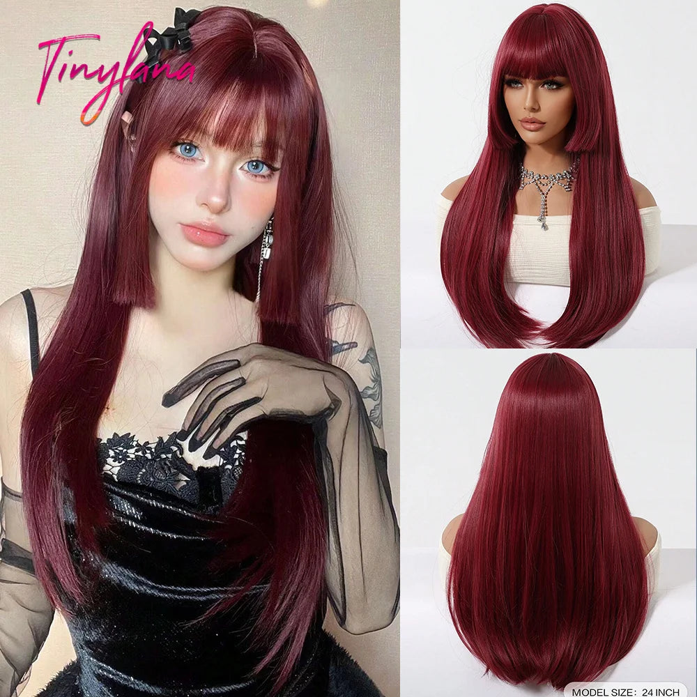 Platinum Blonde Ombre Long Synthetic Wigs with Bangs Straight Layered Cosplay Party Wigs for Women Natural Hair Heat Resistant