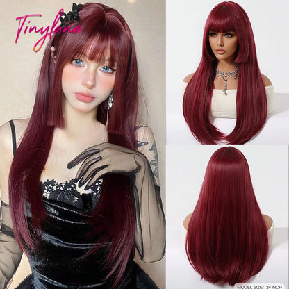 Platinum Blonde Ombre Long Synthetic Wigs with Bangs Straight Layered Cosplay Party Wigs for Women Natural Hair Heat Resistant