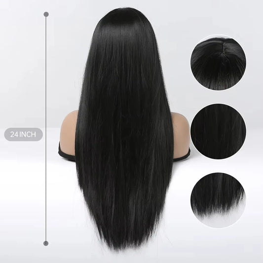 Long Black Straight Wigs with Bangs Black Synthetic Wigs for Women Straight Hair Heat Resistant Wigs Daily Cosplay Fiber Hair
