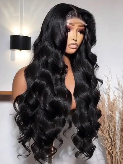 Loose Wave Black Color Synthetic Soft 13X4 HD Lace Frontal Wig For Black Women Prepucked Bleach Knots Glueless Wig Daily Party
