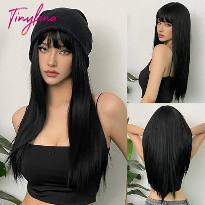 Platinum Blonde Ombre Long Synthetic Wigs with Bangs Straight Layered Cosplay Party Wigs for Women Natural Hair Heat Resistant