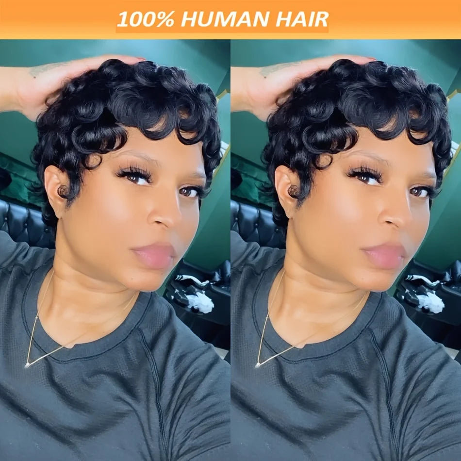 Short Pixie Cut Wigs Natural Black Human Hair Wigs Machine Made Natural Wavy Short Curly Layered Pixie Wig for Black Women