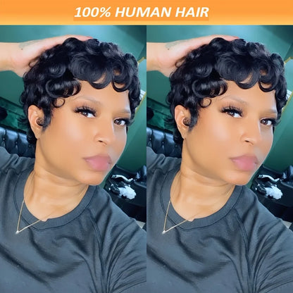Short Pixie Cut Wigs Natural Black Human Hair Wigs Machine Made Natural Wavy Short Curly Layered Pixie Wig for Black Women