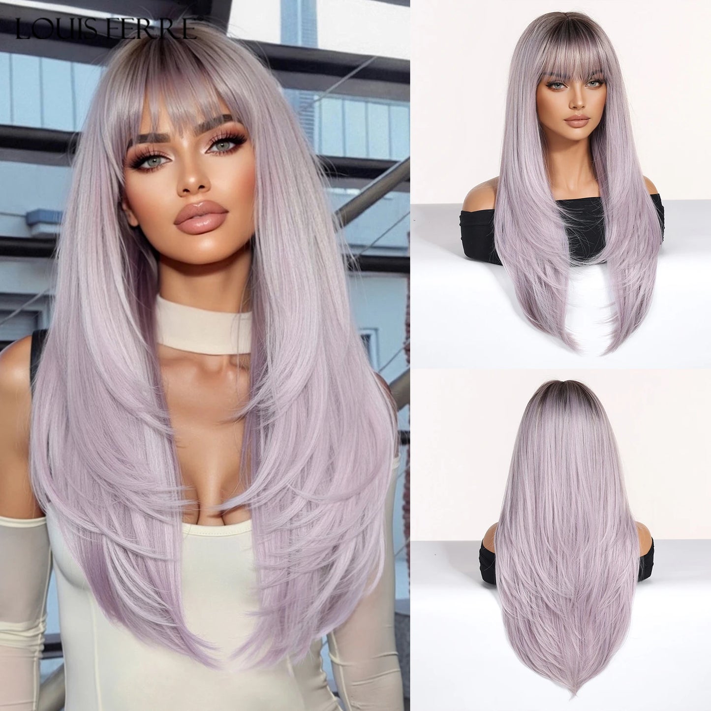 Natural Layered Hair Wigs For Women Daily Party Use Brown Ombre Synthetic Wigs Long Straight Fake Hair With Bangs Heat Resistant