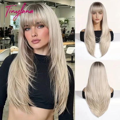 Platinum Blonde Ombre Long Synthetic Wigs with Bangs Straight Layered Cosplay Party Wigs for Women Natural Hair Heat Resistant