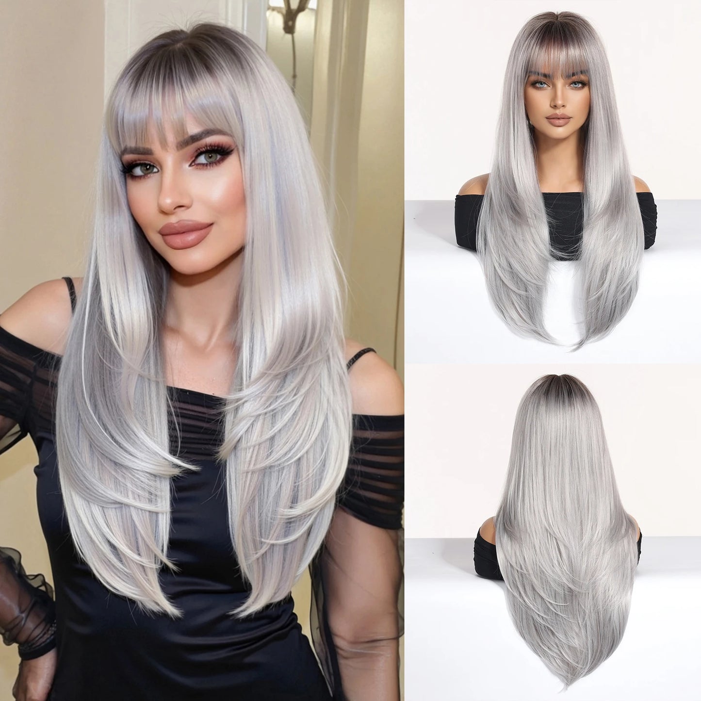 Platinum Blonde Ombre Long Synthetic Wigs with Bangs Straight Layered Cosplay Party Wigs for Women Natural Hair Heat Resistant