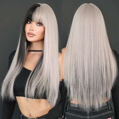 7JHH WIGS Long Straight Black Wig for Women Daily Use High Density Synthetic Layered Black Hair Wigs with Bangs Natural Looking