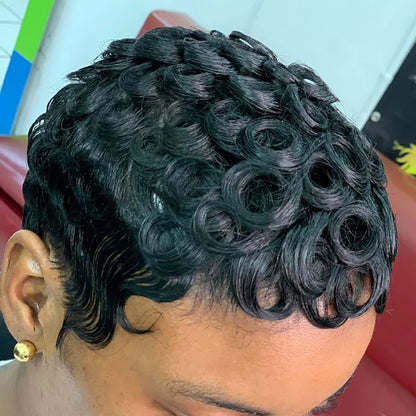 Short Pixie Cut Wigs Natural Black Human Hair Wigs Machine Made Natural Wavy Short Curly Layered Pixie Wig for Black Women