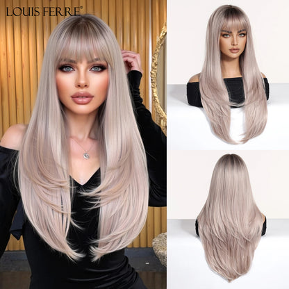 Natural Layered Hair Wigs For Women Daily Party Use Brown Ombre Synthetic Wigs Long Straight Fake Hair With Bangs Heat Resistant
