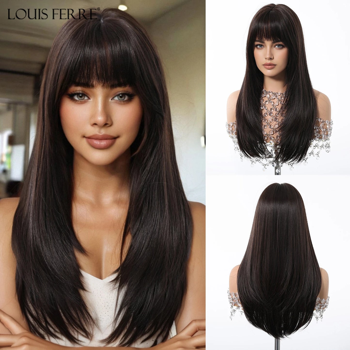 Natural Layered Hair Wigs For Women Daily Party Use Brown Ombre Synthetic Wigs Long Straight Fake Hair With Bangs Heat Resistant