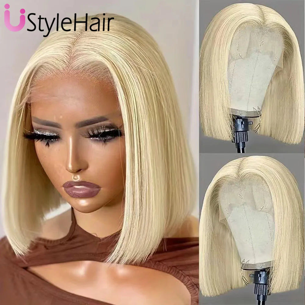 UStyleHair Platinum Blonde Bob Wig Lace Front Short Straight Synthetic Front Wig Heat Resistant Synthetic Hair Daily Used