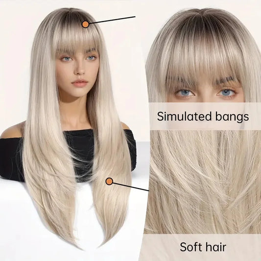 Platinum Blonde Ombre Long Synthetic Wigs with Bangs Straight Layered Cosplay Party Wigs for Women Natural Hair Heat Resistant