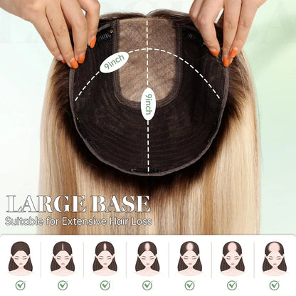 Brown Highlights Human Hair Toppers 9x9inch Large Base Hair Pieces 16 inch Toppers for Women with Multiple Non-slip Clips